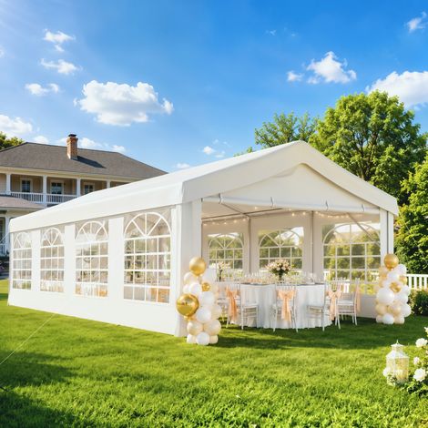 Tente de Réception de Jardin 4x8m, 8 Fenêtres, Cadre en Acier Galvanisé, Toile de Haute Qualité PE Blanc (1/5)