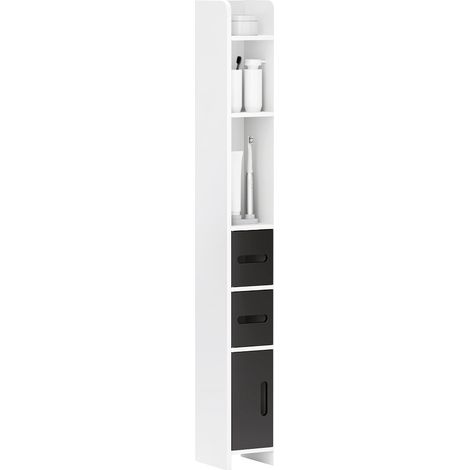 Colonne de salle de bain avec 3 étagères et 3 placards, en bois, 15 x 17 x 120 cm, noir et blanc (1/5)