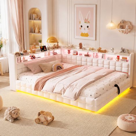 Divano letto 140x200 cm in velluto beige con contenitore e LED, senza materasso – MEUBLIV (1/5)