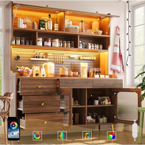 Credenza alta con LED e app, 144,9 x 39 x 171 cm, vetro rigato, noce DESVIAE (1/5)