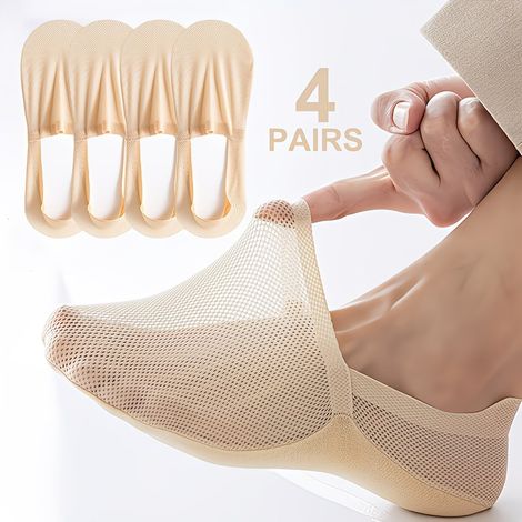 Lot de 4 paires de bas invisibles en maille respirante, fins, style été, antidérapants, taille basse, doublés invisibles (Femme) (1/5)