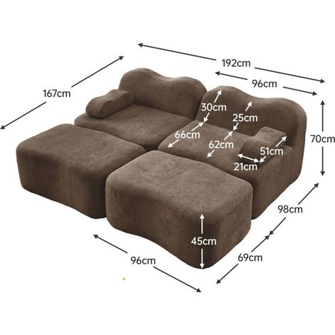 Canapé d’angle modulable 2 places en L – 2 poufs, sans armature, mousse 32D, antidérapant, dimensions 192 x 167 x 70 cm, marron – Gain de place et flexibilité (1/5)