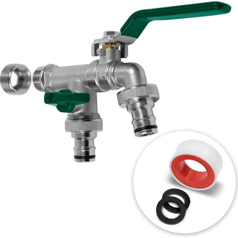 Outdoor Garden Tap [1/2 Inch and 3/4 Inch] Basin Tap with 2 Hose Connectors – Brass – Double Outlet Robine – Rust and Frost Resistant – for Rainwater Collector (Green) (1/5)