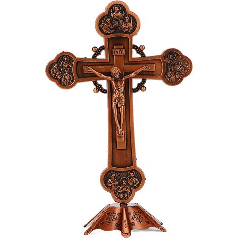 Crucifix décoratif en métal style vintage, ornement catholique avec socle, pour décoration de table ou d'étagère, cuivre rouge