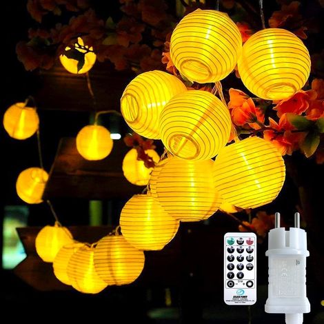 Lanterne LED guirlande lumineuse extérieur avec minuterie, 5m 20 LED guirlande lumineuse lampion blanc chaud 8 modes avec télécommande et prise, pour Noël terrasse balcon décoration de jardin