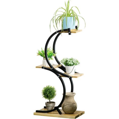 Supports pour plantes avec 4 étagères, bois massif, résistant aux intempéries, 46 cm x 25 cm x 91 cm, noir + nature (1/4)