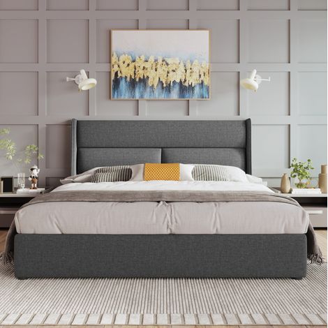 Cama con espacio de almacenamiento de lino gris 140x200 cm, cabecero ajustable y somier metálico (1/5)