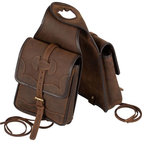 Marrone - Bisaccia da pomo per sella western in cuoio con decori artigianali
