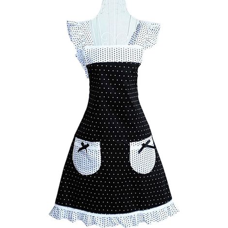 Tablier de cuisine rétro à pois pour femme, bretelles à volants rétro, ajustable, avec poches et nœud. (1/5)