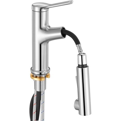 Mitigeur d'évier à une poignée, extractible, 1 ou 3 trous, finition nickel brossé, acier inoxydable sans plomb, avec bouton poussoir, idéal salle de bain, camping-car, WC publics. (1/5)