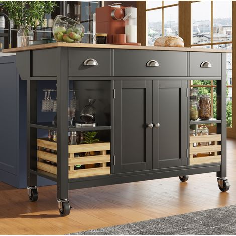 Îlot de cuisine 120x73x90 cm noir et naturel en MDF avec plateau rabattable et rangement