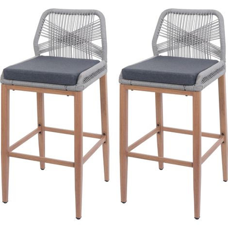 Lot de 2 tabourets de bar extérieur avec dossier cordage élastique décoratif gris clair et repose-pieds structure acier effet bois coussins gris foncé 040009640