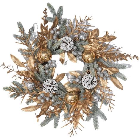 Guirlande De Noël - Couronne En Rotin Avec Aiguilles Givrées Et Boules Dorées - Décoration Porte Extérieure Intérieure - 50 Cm - 1 Pièce (1/4)