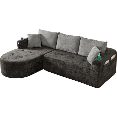 Divano Angolare Modulare a L in Lino, con Portabicchiere in Acciaio Inossidabile, Tasche Laterali, Nero 255 × 170 × 67 cm (1/5)
