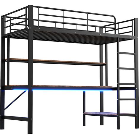 Cama alta 90 x 200 cm de metal con escritorio, estanterías, LED, USB y enchufe, negra (1/5)