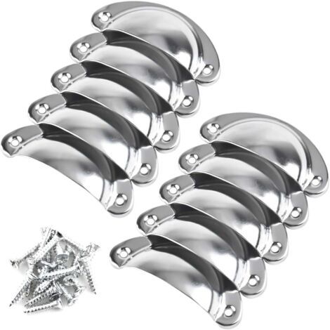 10 vintage shell-shaped drawer pulls, door handles with shell knobs, silver-chrome plated, semicircular metal furniture handles for cabinets, wardrobes, chests of drawers, kitchens with mounting screw