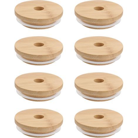 Lot de 8 tasses, mugs, bocaux, boîtes en verre, couvercles en bois et en bambou résistants, couvercles en caoutchouc pour assaisonnements (diamètre extérieur 70 mm).-7X7CM-Khaki (1/4)