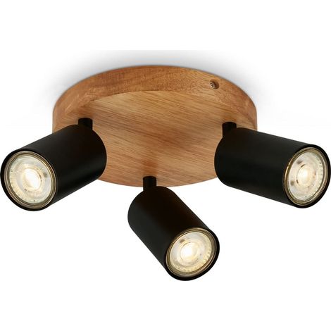 Plafonnier rétro avec bois, 3 flammes vintage, 3x GU10 douille, spot LED orientable, spot de plafond rustique, noir-bois, 190x85 mm (1/2)