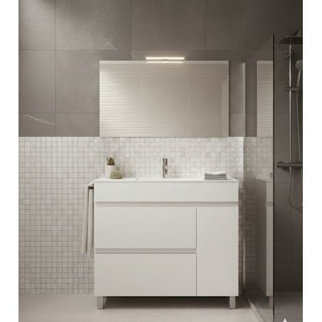 Conjunto Mueble de baño HEIMDALL ya montado 2 cajones y puerta lavabo y espejo Blanco brillo 90x40 cm