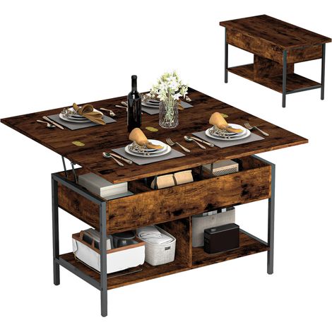 Table basse relevable extensible salon compartiment caché étagères ouvertes 98x49x55cm, brun rustique (1/5)