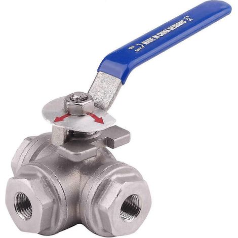 Vanne à bille 3 voies, embase en L, acier inoxydable 304, type femelle, pour eau, huile et gaz, avec poignée de verrouillage en vinyle (1 pouce NPT) KB 1/4 pouce NPT (1/5)