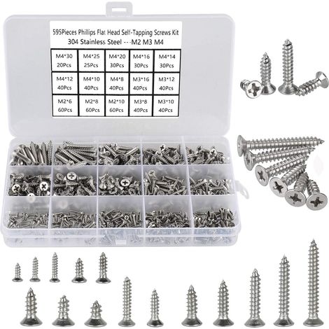 595 Pièces - Vis Autotaraudeuses - Vis à Bois - Acier Inoxydable 304 Tête Fraisée Phillips pour Meubles et DIY M2 M3 M4 Argent