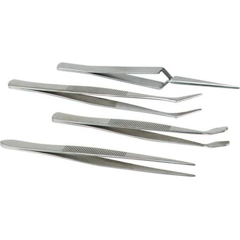 Lot de 4 brucelles de précision robustes et polyvalentes. Conception ergonomique, adaptées aux travaux fins, bricolage, réparation et usages domestiques variés.