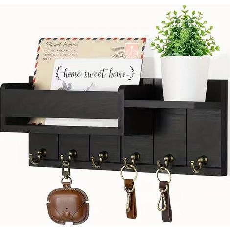KLVGTIFS PU - Porte-clés mural - 6 crochets doubles - Étagère murale en bois - Convient pour une entrée ou un vestiaire - Noir (1/5)