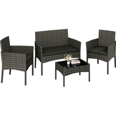 Yaheetech 4 Pièces Salon de Jardin Exterieur en Polyrotin, Mobilier de Jardin avec Coussins d'Assise, Canapé 2 Places, 2 Fauteuils et 1 Table, Meubles Ensemble pour Extérieur Balcon Terrasse Gris