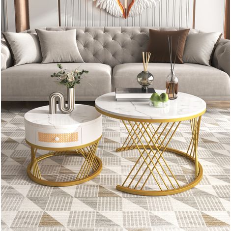 Mesa de centro nido redonda de MDF blanco efecto mármol con cajón, 70 cm (1/5)