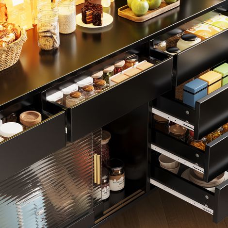 Meuble haut design moderne avec éclairage LED et commande via application, armoire de cuisine ou salle à manger avec tiroir, buffet avec étagère de rangement et panneau perforé, 145x39x171cm, noir (1/5)