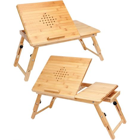 CASARIA® Set of 2 Wooden Laptop Tables Height Adjustable Includes Pull Out Drawer & Ventilation Holes 5 Way Tilt Bamboo Wood Laptop Table 2x