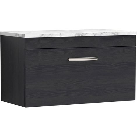Nuie Athena Wall Hung 1-Drawer Vanity Unit with Carrera Marble Worktop 800mm Wide - Charcoal Black Woodgrain (1/4)