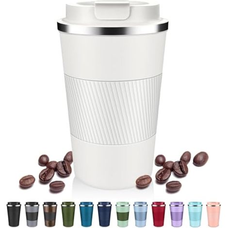 Gobelet à café isotherme avec couvercle à rabat – 355 ml / 500 ml – Tasse à café de voyage en acier inoxydable – Tasse à café réutilisable – Garde les boissons froides et chaudes pour le café (1/5)