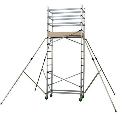 Echafaudages Stéphanois – Échafaudage roulant aluminium 4m80 – Hauteur d'accès 4,80 m – Largeur 1,53 m – 4 roues avec freins – Stabilisateurs télescopiques (1/2)