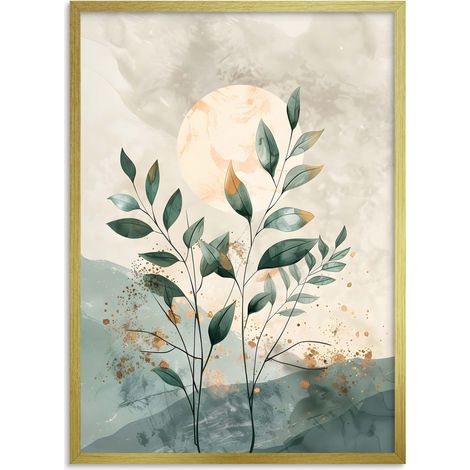 Cuadro de pared minimalista, póster de pared, marco dorado, hojas verdes, estilo bohemio.
