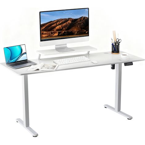Höhenverstellbarer Schreibtisch 160 x 60 cm, Elektrischer Schreibtische Höhenverstellbar, Gaming Tisch mit Monitorständer, Stehpult Verstellbarer Computertisch, Adjustable Standing Desk, Weiß (1/5)