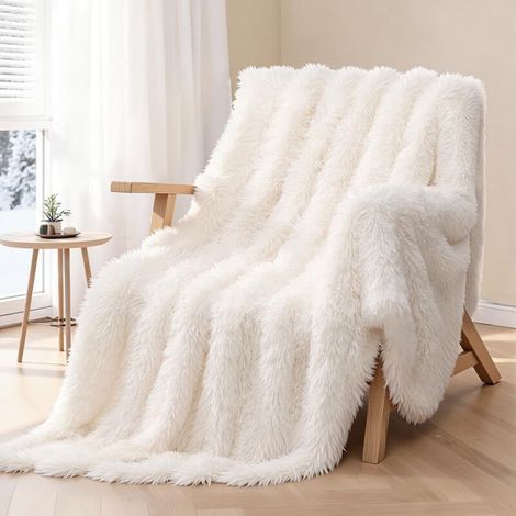Bardusch - Plaid Fourrure Blanc 160x200 cm, Couverture Polaire Matrimoniale, Plaid Épais et Doux pour Lit Double, Réversible, Facile à Entretenir, Idée Cadeau Élégante (1/5)