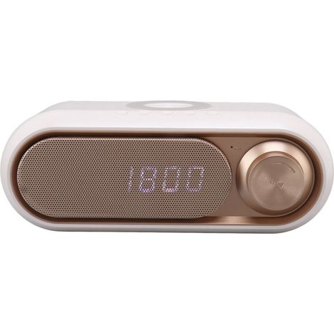 Radio-réveil avec chargeur sans fil, haut-parleur Bluetooth, affichage LED, radio FM, haut-parleur Bluetooth avec chargeur sans fil, blanc doré, 10 W