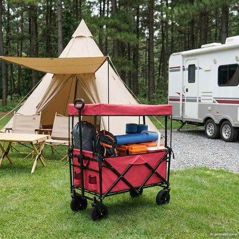 Irovami Chariot de courses pliable avec freins, rouge, 105 x 56,5 x 116 cm (1/5)