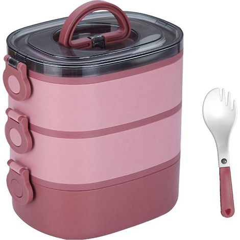 Boîte à lunch Bento empilable à 3 niveaux, étanche et portable (rose) pour adultes et enfants (1/5)