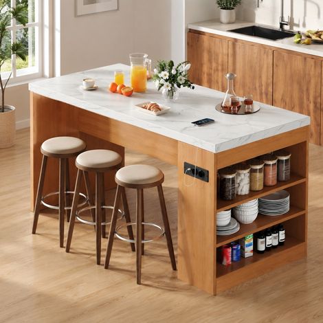 Kücheninsel 155 x 80 x 90 cm mit LED, Steckdosen und 3 Fächern, MDF HAVRYA (1/5)