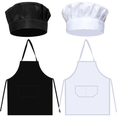 4 Pièces Tablier et Chapeau Chef, réglable Chef Tablier de cuisine et toque avec 2 Poches, pour barbecue, traiteur, cuisine, Peinture L'artisanat, Garçons Filles (Blanc, Noir) (1/5)