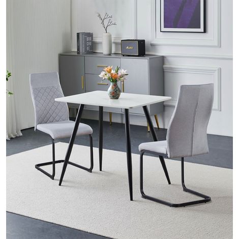 Hallowood Furniture Cullompton Dining Table and Chairs Set 2, (0.8m) White Marble Effect Top Rectangular Small Kitchen Table and Grey Fabric High Back Cantilever Chairs with Metal Legs for Home & Café (1/5)