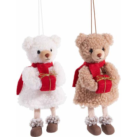 Orsetti di Natale in morbido peluche con pacchetto regalo e sciarpina da appendere all'albero, set da 8 pezzi, cm 17 H