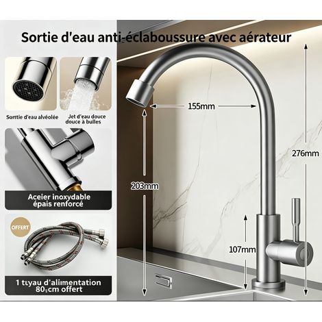 Robinet de cuisine à col de cygne, mono‑commande froide, en laiton massif – corps alourdi – technologie sans plomb – aérateur – rotation 360° – livré avec tuyau d’alimentation de 80 cm
