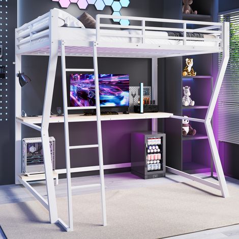 Lit mezzanine 140x200 cm éclairage LED intégré bureau avec prise USB structure en métal blanc (Sans matelas) (1/5)