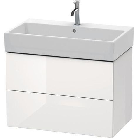 Meuble-lavabo L-CUBE 784 x 459 mm, 2 tiroirs, blanc brillant, centre en érable ES