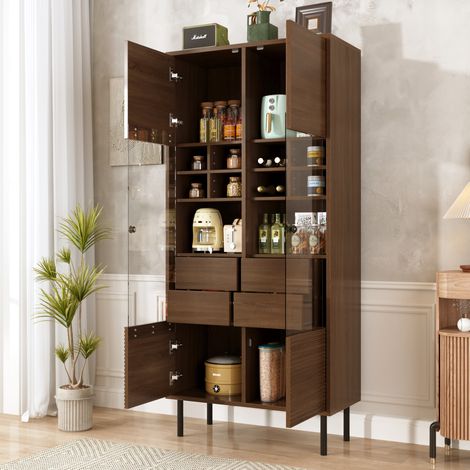 Vitrine avec 2 portes vitrées et 4 tiroirs, buffet haute avec compartiments de rangement, 75,5×35×164,5cm, MDF, marron (1/5)