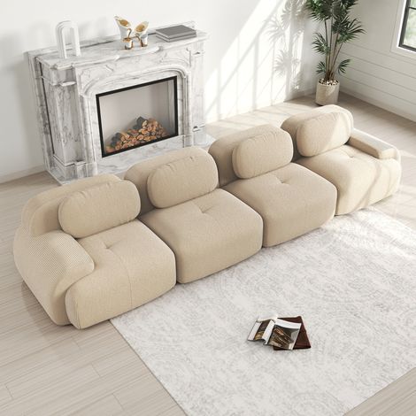 Divano angolare modulare in velluto a coste beige, senza telaio, 4 posti, senza montaggio (1/5)